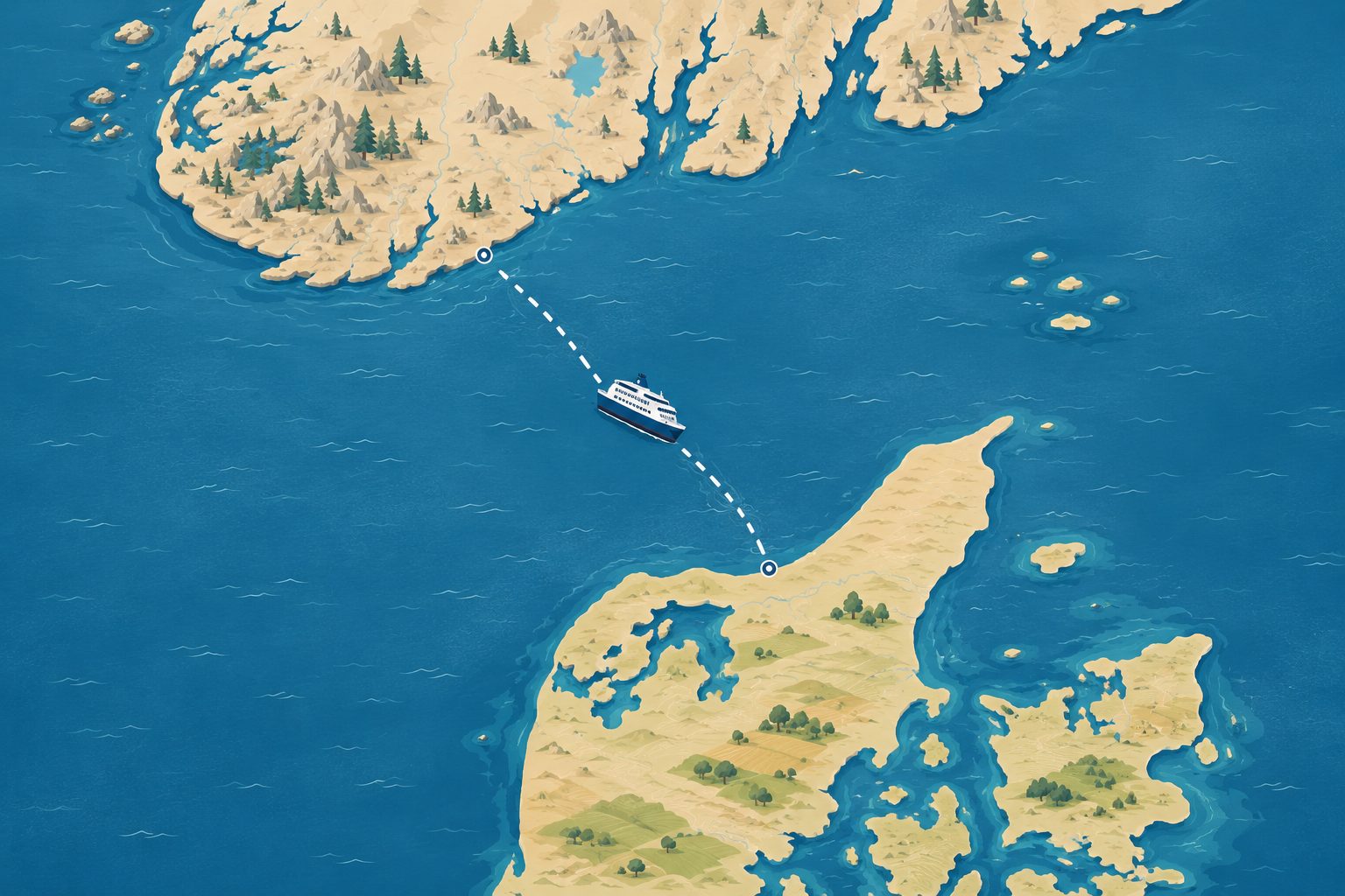 Kart over fergeruter fra Norge over Skagerrak til Danmark